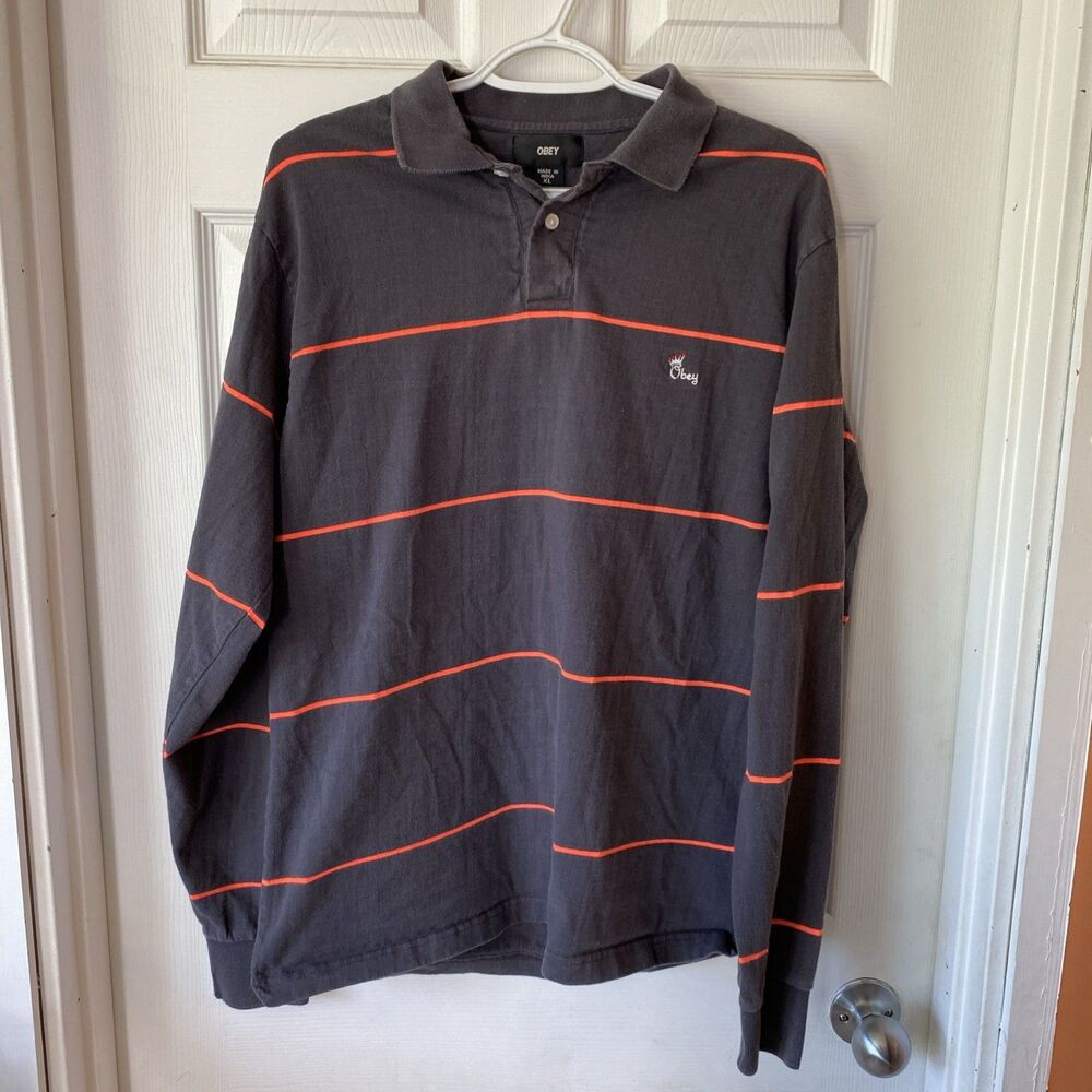 Obey Long Sleeve Men’s Shirt Size XL Navy With Orange Stripes